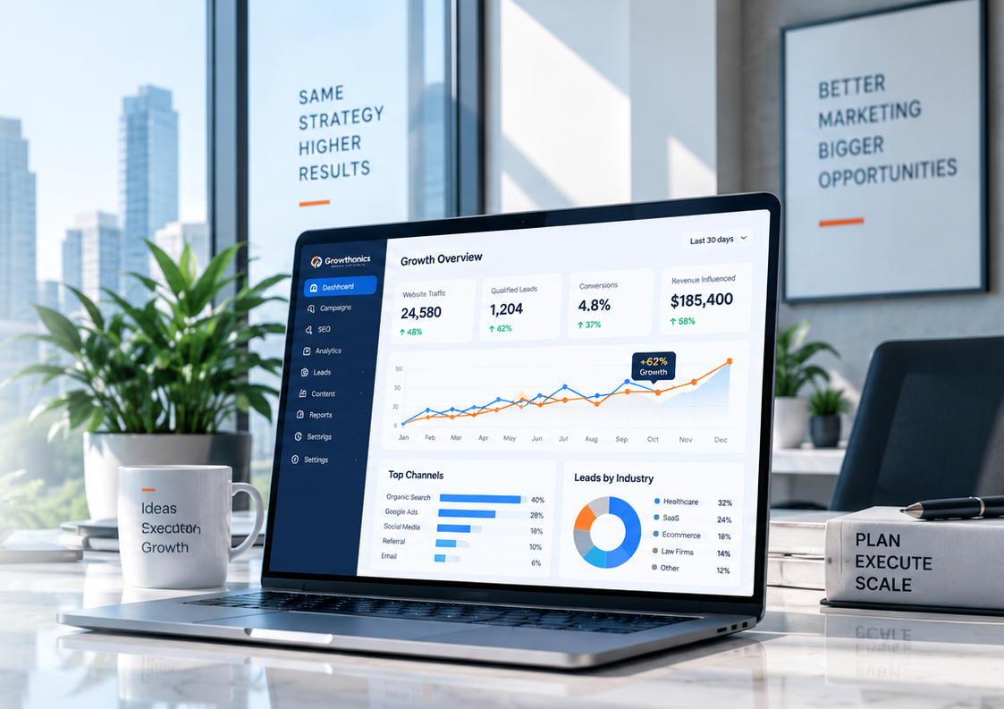 Digital growth analytics dashboard and AI marketing visualization